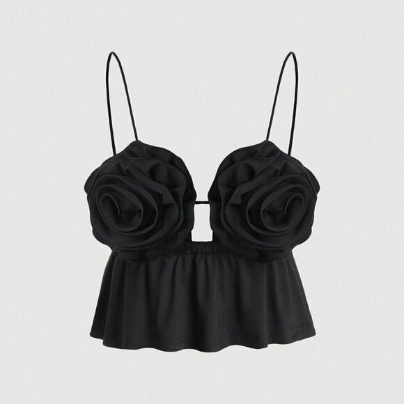 Black Sexy Women's Hollow Out Front Tank Top With 3d Flower Decor - Picture 1 of 4